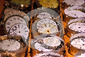 Impressionistic Style Artwork of a Watch Repair Shop: Effects of Time on Collection of Old, Broken and Discarded Watches