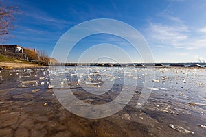 Impressions from Markleeberg harbor in winter. The former lignite or coal mining area near Leipzig is now a lake landscape, the