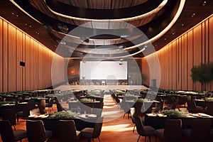 An impressive 3D render of a versatile conference or event venue, showcasing spacious halls, modern audiovisual equipment, and an