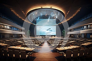 An impressive 3D render of a versatile conference or event venue, showcasing spacious halls, modern audiovisual equipment, and an