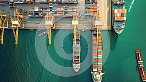 An impressive aerial shot displaying a dock filled with numerous large ships,