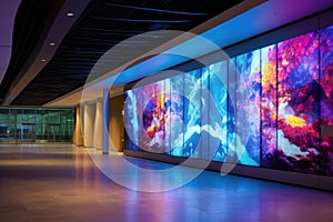impressive airport entrance with led screens and art installations