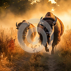 Ai Generated illustration Wildlife Concept of These impressive American Bison wander the Kansas Maxwell Prairie Preserve