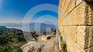 Impressive Ancient Heracleia ruins in Bafa Lake National Park Turkey . Milas, Aydin, Turkey. Besparmak Mountains. Athena Temple