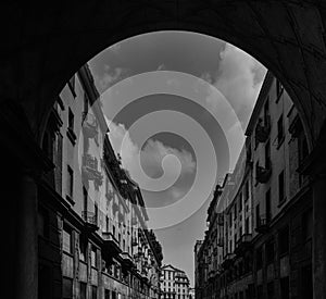 Impressive arch frame of traditional Milanese buildings on Via Tommaso Salvini in Milan`s Porta Venezia district, Lombardy, Italy photo