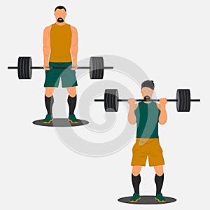 An impressive athletes make a maximum weight lift of a barbell. Illustration of bodybuilder strong man. Strongman powerlifting.