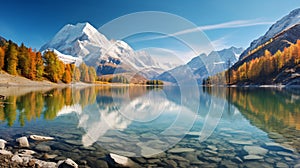 Impressive autumn panorama of Haidersee (Lago della Muta) lake with Ortler peak on background.