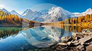 Impressive autumn panorama of Haidersee lake with Ortler peak on background.