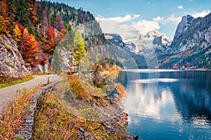 Impressive autumn scene of Vorderer  Gosausee  lake with Dachstein glacier on background. Great morning view of Austrian Alps, U