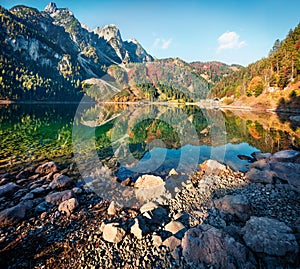 Impressive autumn scene of Vorderer  Gosausee  lake. Fabulous morning view of Austrian Alps, Upper Austria, Europe. Beauty of