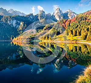 Impressive autumn scene of Vorderer  Gosausee  lake. Picturesque morning view of Austrian Alps, Upper Austria, Europe.