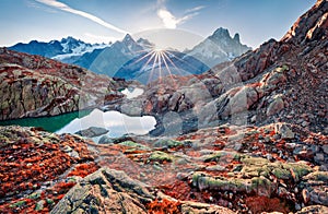 Impressive autumn view of Lac Blanc lake with Mont Blanc Monte Bianco on background, Chamonix location. Beautiful outdoor scene