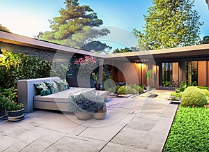 Impressive backyard landscape design with patio area. Generative AI