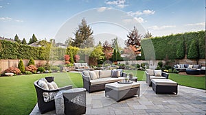 Impressive backyard landscape design with patio area photo