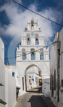 Impressive Bell Tower in Emporio village. Santorini, Greece