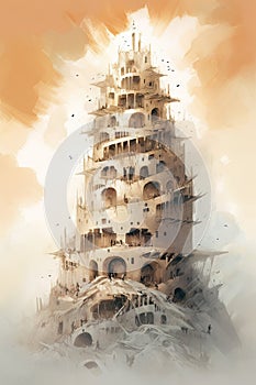 Impressive biblical tower of Babel. Digital painting