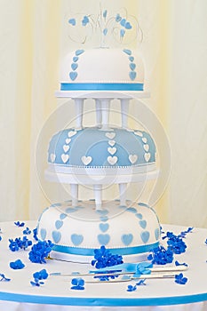 Impressive Blue and White 3 Tier Wedding Cake photo