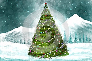 Impressive christmas trees in winter landscape with snow card background