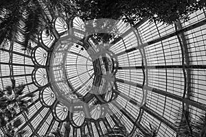The impressive domed ceiling of the Winter Garden, part of the Royal Greenhouses at Laeken, Brussels, Belgium.