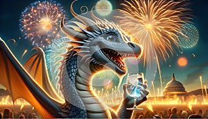 Impressive dragon celebrating with baijiu and fireworks