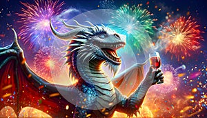 Impressive dragon celebrating with champagne and fireworks