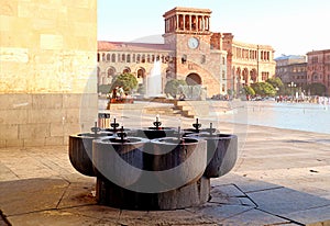 Drinking Water Fountains Called Pulpulak with the Government House in the Backdrop, Republic Square of Yerevan, Armenia