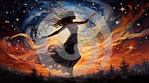 impressive epic dancing woman artwork at night with a magical sky full of stars