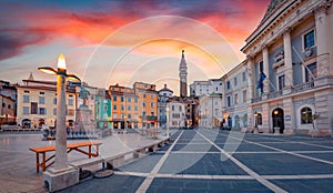 Impressive evening view of Tartini Square in old town of Piran.