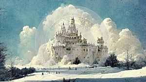 impressive fairytale castle in winter with big cloud in background, ai generated image