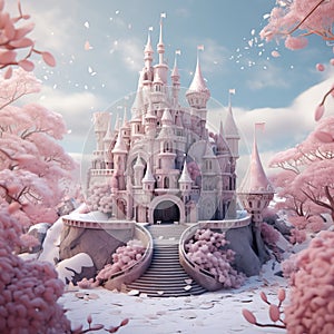 Impressive fairytale castle in winter landscape on snowy weather with snowfall. By generative Ai