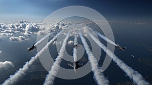 Impressive formation flying at an air show with jets leaving trails in a dramatic sky