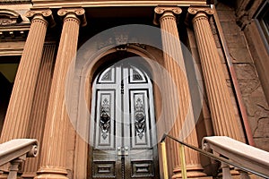 Impressive front entrance of historic Victoria Mansion,Portland,Maine,2016