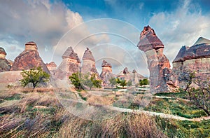 Impressive fungous forms of sandstone in the canyon near Cavusin village, Cappadocia, Nevsehir Province in the Central Anatolia