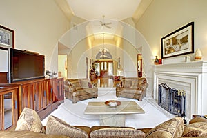 Impressive high ceiling living room in luxury house. View of hallway with entrance door.