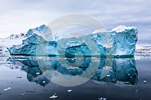 Impressive iceberg with blue ice and beautiful reflection on water in Antarctica, scenic landscape in Antarctic Peninsula