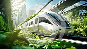 An impressive image of an urban magnetic levitation train, illustrating the future of efficient high-speed rail travel. Eco-