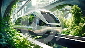 An impressive image of an urban magnetic levitation train, illustrating the future of efficient high-speed rail travel. Eco-