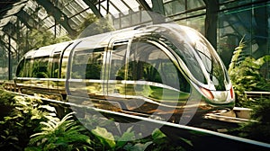 An impressive image of an urban magnetic levitation train, illustrating the future of efficient high-speed rail travel. Eco-