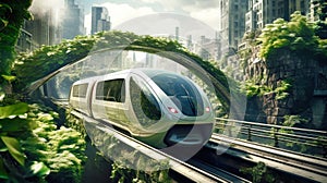 An impressive image of an urban magnetic levitation train, illustrating the future of efficient high-speed rail travel. Eco-