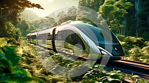 An impressive image of an urban magnetic levitation train, illustrating the future of efficient high-speed rail travel. Eco-