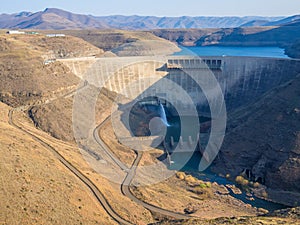 Impressive Katse Dam hydroelectric power plant and service roads in Lesotho, Africa