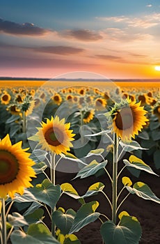 An impressive landscape with bright yellow sunflowers in the evening. Photo of the concept of ecology. The agricultural