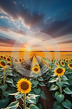 An impressive landscape with bright yellow sunflowers in the evening. Photo of the concept of ecology. The agricultural