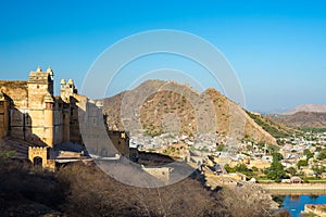 The impressive landscape and cityscape at Amber Fort, famous travel destination in Jaipur, Rajasthan, India.