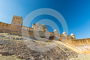 The impressive landscape and cityscape at Amber Fort, famous travel destination in Jaipur, Rajasthan, India. Wide angle view from