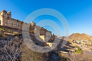 The impressive landscape and cityscape at Amber Fort, famous travel destination in Jaipur, Rajasthan, India. Wide angle view from