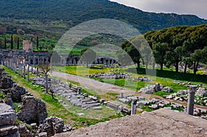 Impressive landscape from Ephesus ancient city, Turkey. Celsus Library and Agora