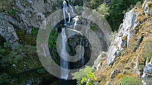 Impressive Landscape Of Fervenza do Toxa Waterfall. Aerial Shot