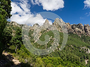 Impressive landscape of rock and forest down the aiguilles de Bavella