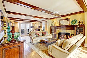 Impressive living room with ceiling beams and fireplace